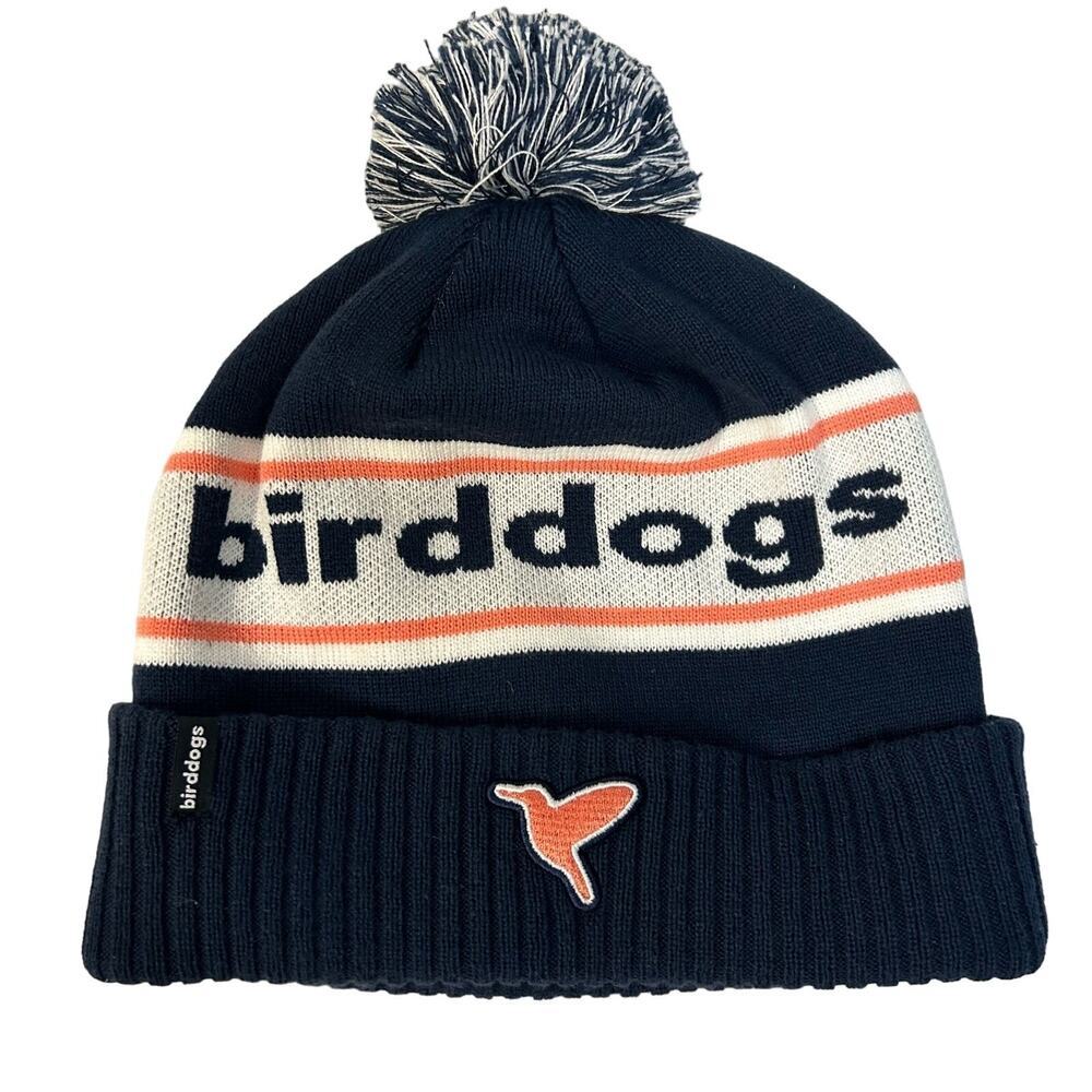 Birddogs Pompom Navy Blue White Knit Fall Winter Pom Pom Beanie Golf Hat